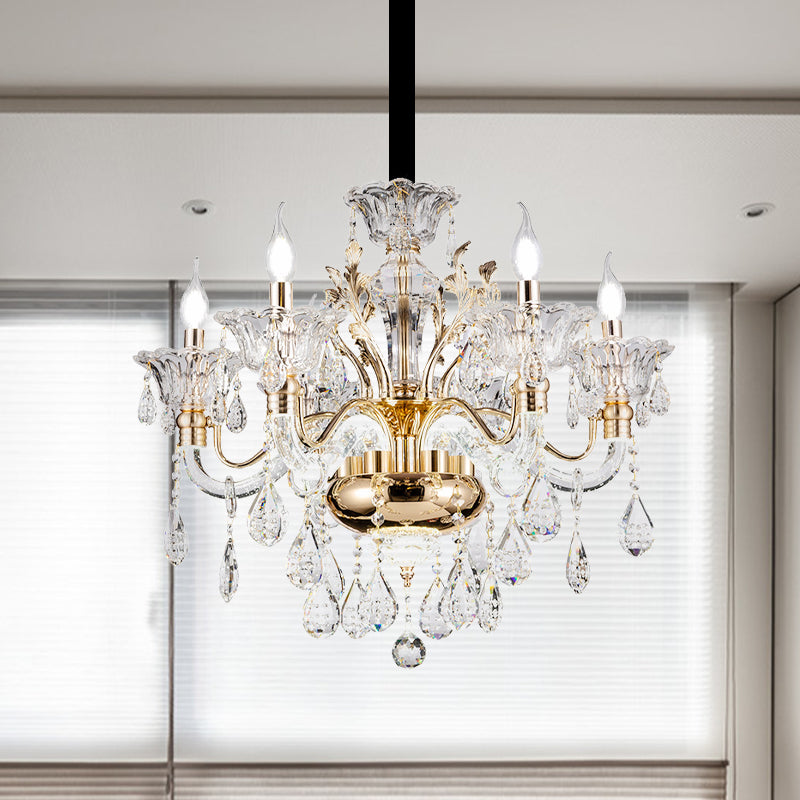 6 Lights K9 Crystal Pendant Light Mid-Century Gold Candlestick Bedroom Chandelier Lamp Clearhalo 'Ceiling Lights' 'Chandeliers' Lighting' options 882370