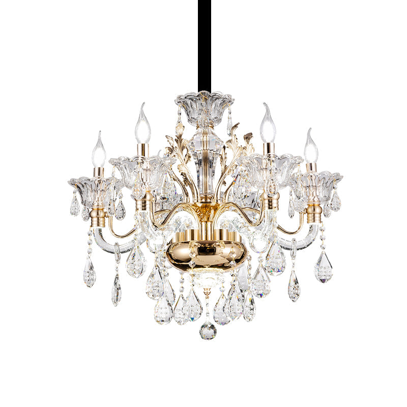6 Lights K9 Crystal Pendant Light Mid-Century Gold Candlestick Bedroom Chandelier Lamp Clearhalo 'Ceiling Lights' 'Chandeliers' Lighting' options 882371