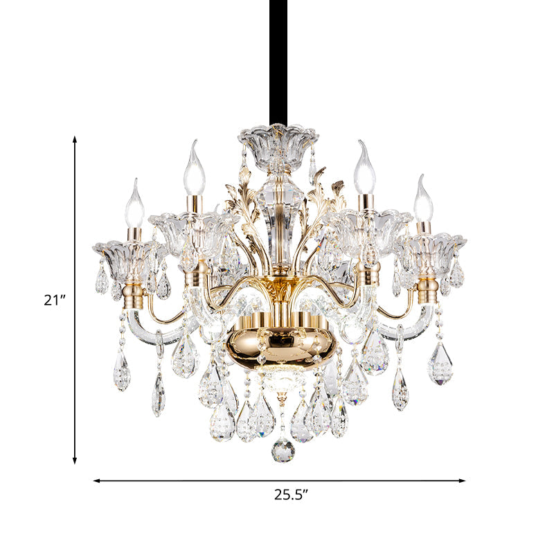 6 Lights K9 Crystal Pendant Light Mid-Century Gold Candlestick Bedroom Chandelier Lamp Clearhalo 'Ceiling Lights' 'Chandeliers' Lighting' options 882373