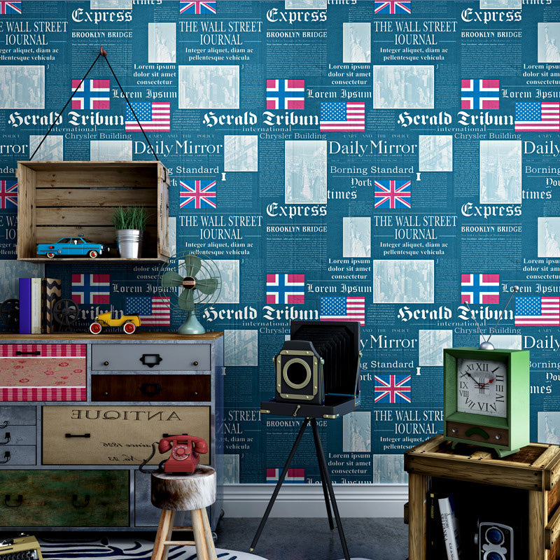 Vintage Newspaper with English Title and USA National Flags 33-foot x 20.5-inch Non-Pasted Washable Wallpaper Clearhalo 'Industrial wall decor' 'Industrial' 'Wallpaper' Wall Decor' 883779
