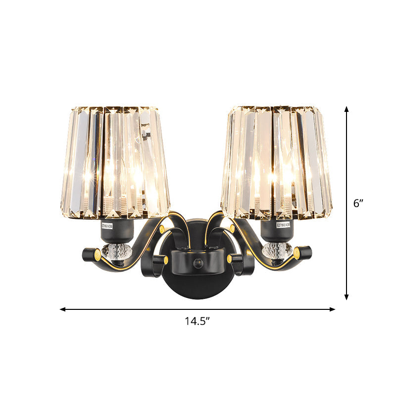1/2-Bulb Tapered Sconce Lamp Modern Black Crystal Block Wall Light Fixture for Living Room Clearhalo 'Cast Iron' 'Glass' 'Industrial' 'Modern wall lights' 'Modern' 'Tiffany' 'Traditional wall lights' 'Wall Lamps & Sconces' 'Wall Lights' Lighting' 885933