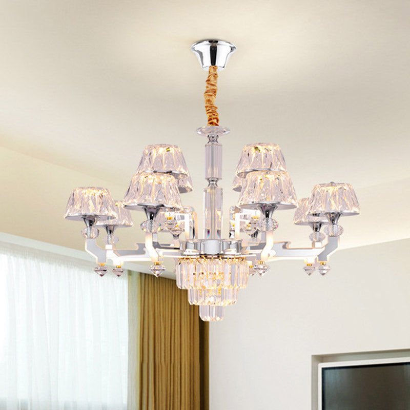 12 Heads Chandelier Lamp Minimalism Living Room Pendant with Conical Crystal Shade in Chrome Chrome Clearhalo 'Ceiling Lights' 'Chandeliers' 'Modern Chandeliers' 'Modern' Lighting' 886046