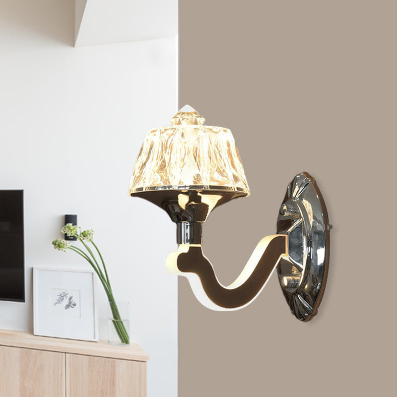 Cone Crystal Block Wall Sconce Simple 1-Light Living Room Wall Lighting Fixture in Chrome Chrome Clearhalo 'Cast Iron' 'Glass' 'Industrial' 'Modern wall lights' 'Modern' 'Tiffany' 'Traditional wall lights' 'Wall Lamps & Sconces' 'Wall Lights' Lighting' 886222