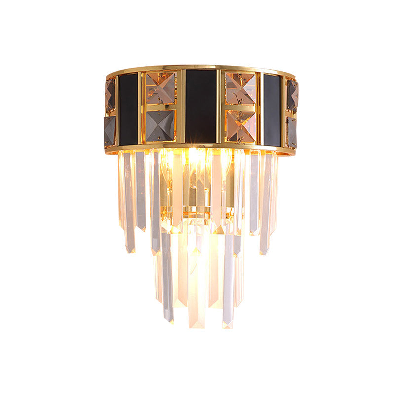 Black and Gold Tiered Wall Lamp Simplicity Clear K9 Crystal 3 Heads Living Room Wall Mount Light Fixture Clearhalo 'Cast Iron' 'Glass' 'Industrial' 'Modern wall lights' 'Modern' 'Tiffany' 'Traditional wall lights' 'Wall Lamps & Sconces' 'Wall Lights' Lighting' 886228