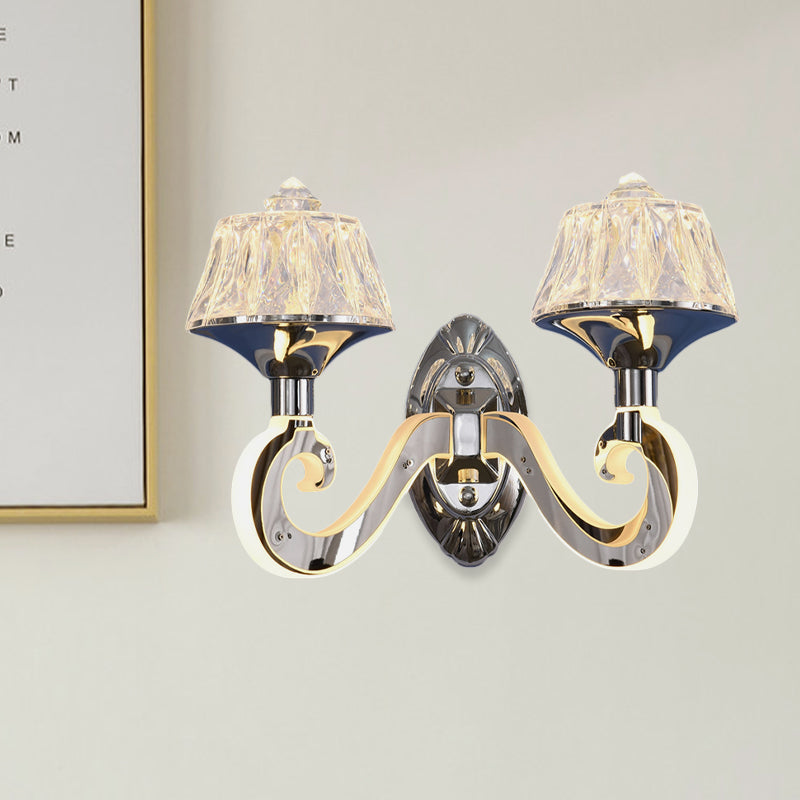Clear Crystal Chrome Wall Lamp Tapered 1/2-Bulb Modern Wall Light Fixture with Luminous Arm Clearhalo 'Cast Iron' 'Glass' 'Industrial' 'Modern wall lights' 'Modern' 'Tiffany' 'Traditional wall lights' 'Wall Lamps & Sconces' 'Wall Lights' Lighting' 886235