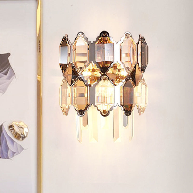 2-Tier Clear Crystal Sconce Lamp Minimalism 2 Heads Living Room Wall Lighting Fixture Clear Clearhalo 'Modern wall lights' 'Modern' 'Wall Lamps & Sconces' 'Wall Lights' Lighting' 886247