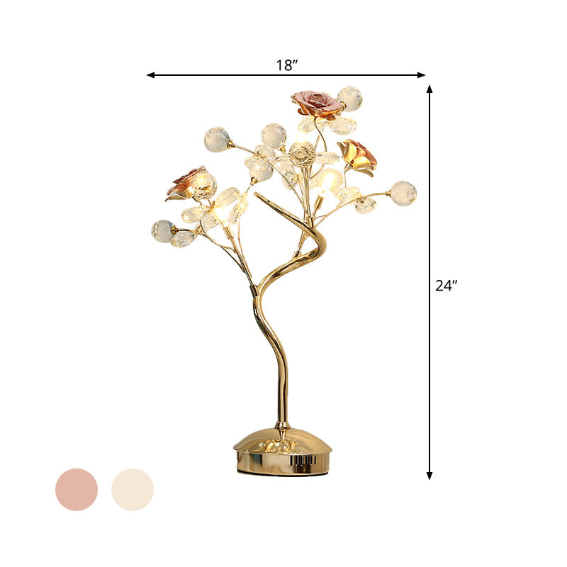 White/Pink Floret Table Lighting Pastoral Style Crystal 3 Heads Lounge Night Lamp with Ceramic Accent Clearhalo 'Lamps' 'Table Lamps' Lighting' 886291