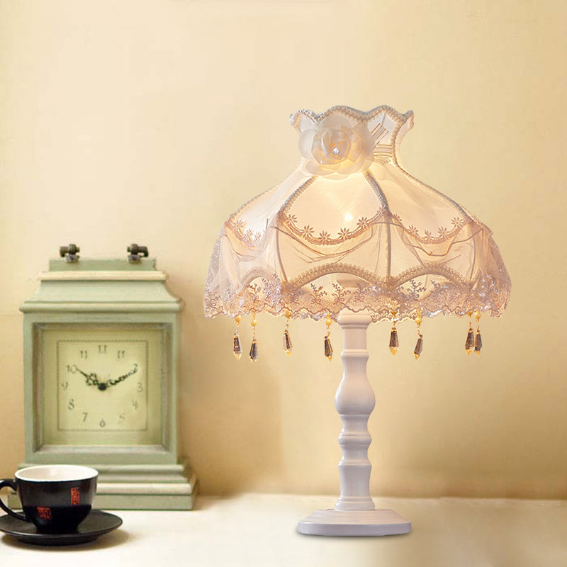 Flower/Lace Fabric Nightstand Light European 1-Head White Night Table Lighting with Draping for Living Room Clearhalo 'Lamps' 'Table Lamps' Lighting' 886380