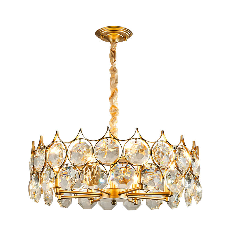 Minimalist Drum Pendant Chandelier 8 Bulbs Faceted Crystal Ceiling Hang Fixture in Gold Clearhalo 'Ceiling Lights' 'Chandeliers' 'Modern Chandeliers' 'Modern' Lighting' 886588