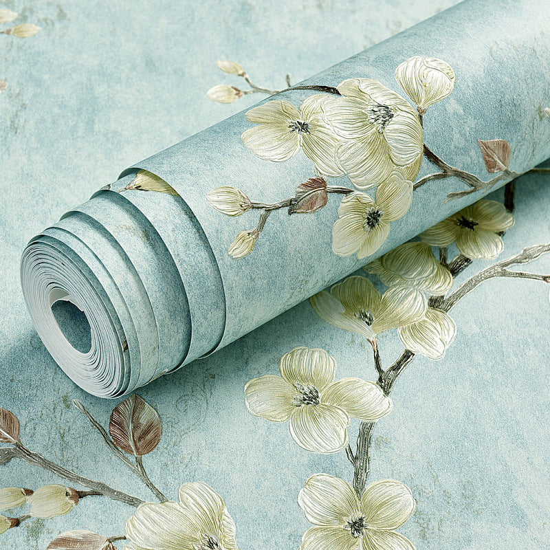 Pastel Blue 3D Embossed Floral Pattern 57.1 sq ft. Non-Pasted Stain-Resistant Wallpaper Clearhalo 'Country wall decor' 'Rustic' 'Wallpaper' Wall Decor' 887536