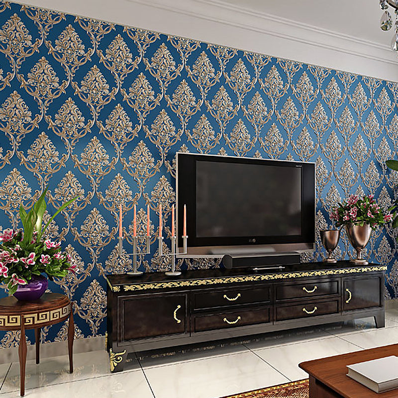 Nordic Nostalgic Damask Wallpaper Non-Woven 31' x 20.5" Non-Pasted Royal Blue Flower Clearhalo 'Vintage wall decor' 'Vintage' 'Wallpaper' Wall Decor' 887669