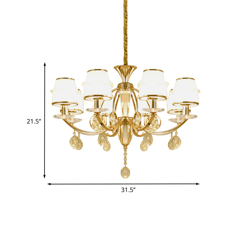 Cut Crystal Conical Hanging Lamp Modern 8 Lights Living Room Chandelier in Gold with White Glass Shade Clearhalo 'Ceiling Lights' 'Chandeliers' 'Modern Chandeliers' 'Modern' Lighting' 888891