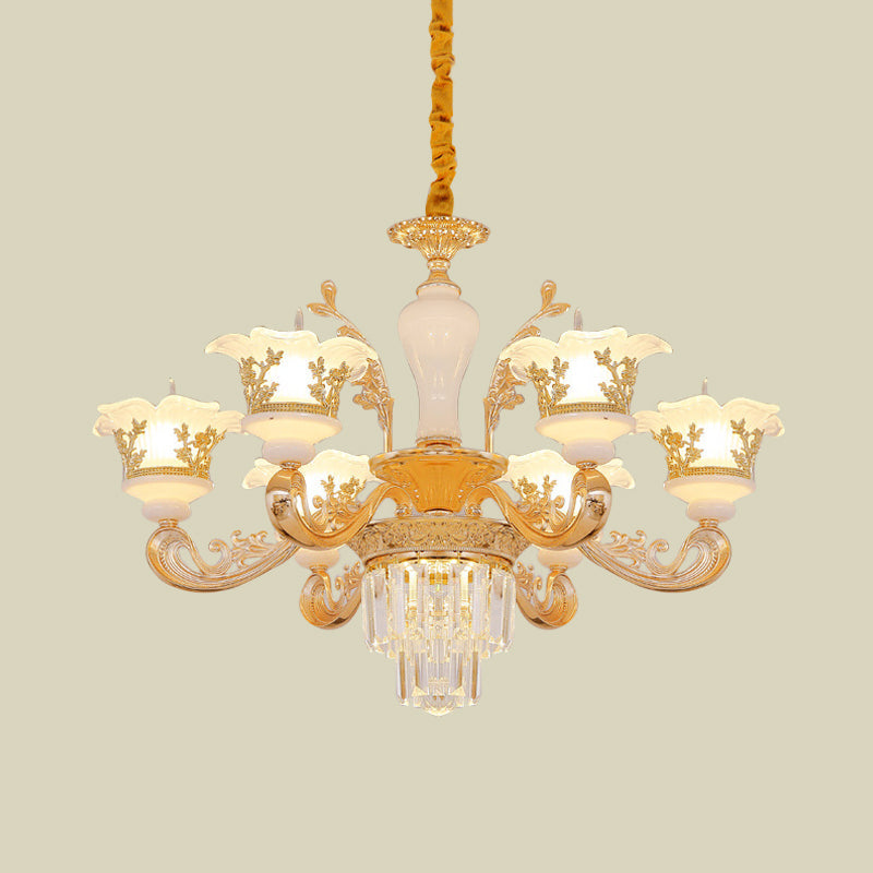 6 Bulbs Pendant Modern Bedroom Crystal Chandelier with Carved Frosted Glass Shade in Gold Clearhalo 'Ceiling Lights' 'Chandeliers' 'Modern Chandeliers' 'Modern' Lighting' 888935