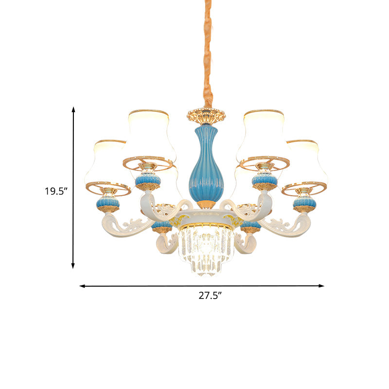 Blue and White 6-Head Chandelier Contemporary Opal Glass Curving Crystal Hanging Pendant Clearhalo 'Ceiling Lights' 'Chandeliers' 'Modern Chandeliers' 'Modern' Lighting' 888948