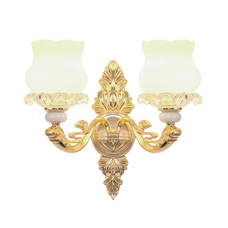 Cream Glass Bloom Wall Light Simplicity 2 Heads Living Room Crystal Wall Mounted Lighting in Gold Clearhalo 'Cast Iron' 'Glass' 'Industrial' 'Modern wall lights' 'Modern' 'Tiffany' 'Traditional wall lights' 'Wall Lamps & Sconces' 'Wall Lights' Lighting' 889048