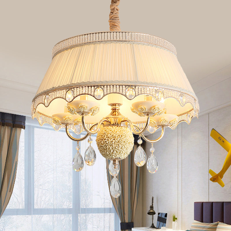 5 Bulbs Candlestick Hanging Light Pastoral Style Pink/Blue/Light-Beige Ceramic Chandelier with Pleated Lamp Shade Clearhalo 'Ceiling Lights' 'Chandeliers' Lighting' options 889242