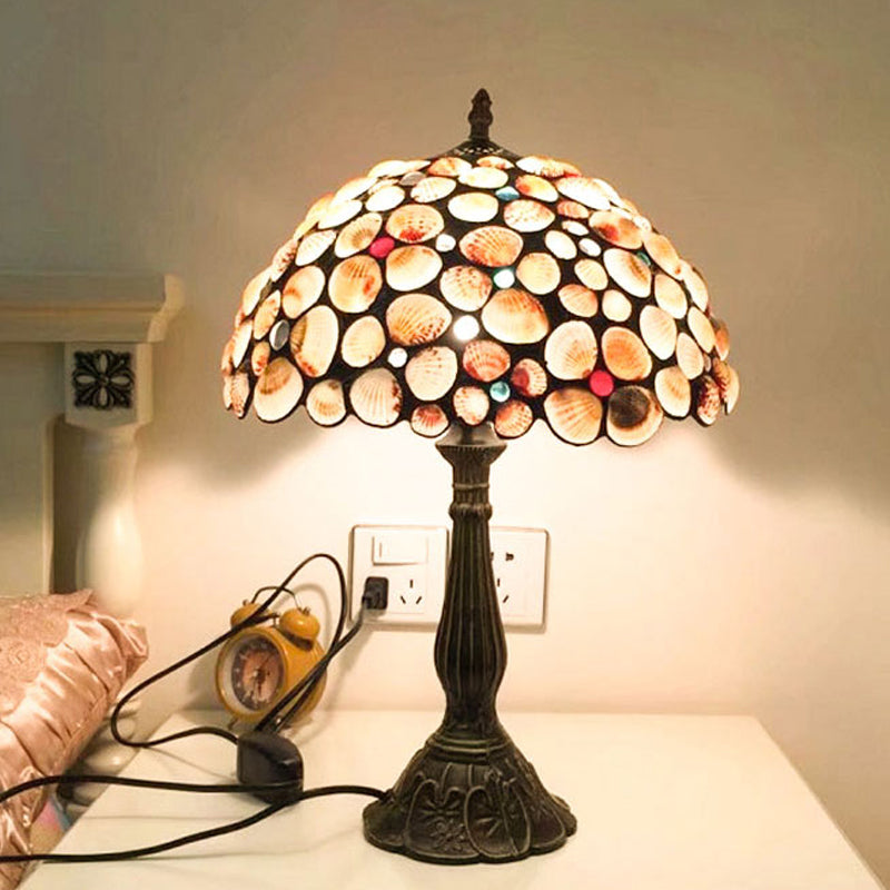 8"/12" Wide 1 Light Bowl Shaped Table Lighting Tiffany Style Bronze Shell Nightstand Lamp for Bedroom Clearhalo 'Lamps' 'Table Lamps' Lighting' 889259