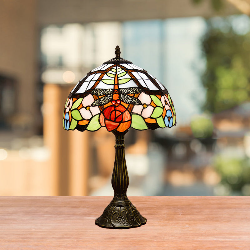 1-Light Nightstand Lamp Tiffany Dragonfly on Rose Orange/Pink/Beige Table Lighting with Bowl Shade Clearhalo 'Lamps' 'Table Lamps' Lighting' 889300