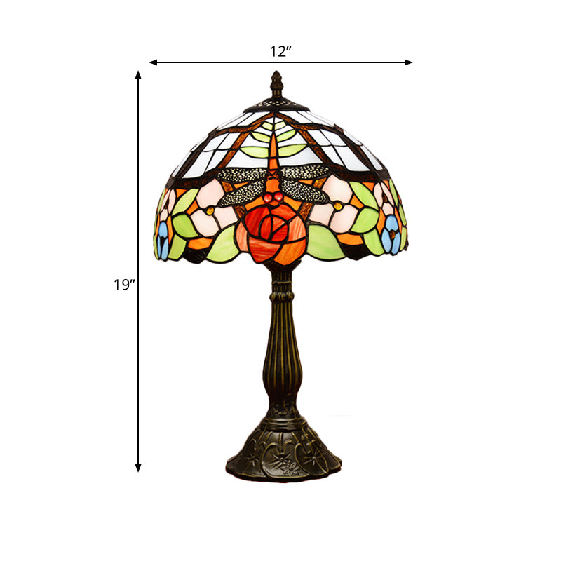 1-Light Nightstand Lamp Tiffany Dragonfly on Rose Orange/Pink/Beige Table Lighting with Bowl Shade Clearhalo 'Lamps' 'Table Lamps' Lighting' 889302