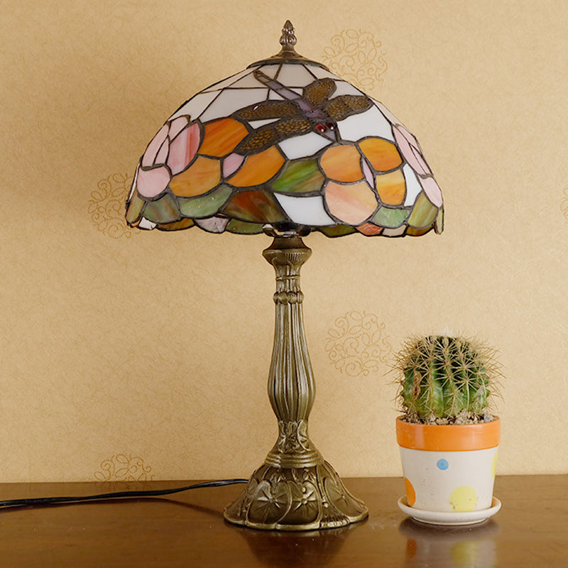 1-Light Nightstand Lamp Tiffany Dragonfly on Rose Orange/Pink/Beige Table Lighting with Bowl Shade Clearhalo 'Lamps' 'Table Lamps' Lighting' 889304