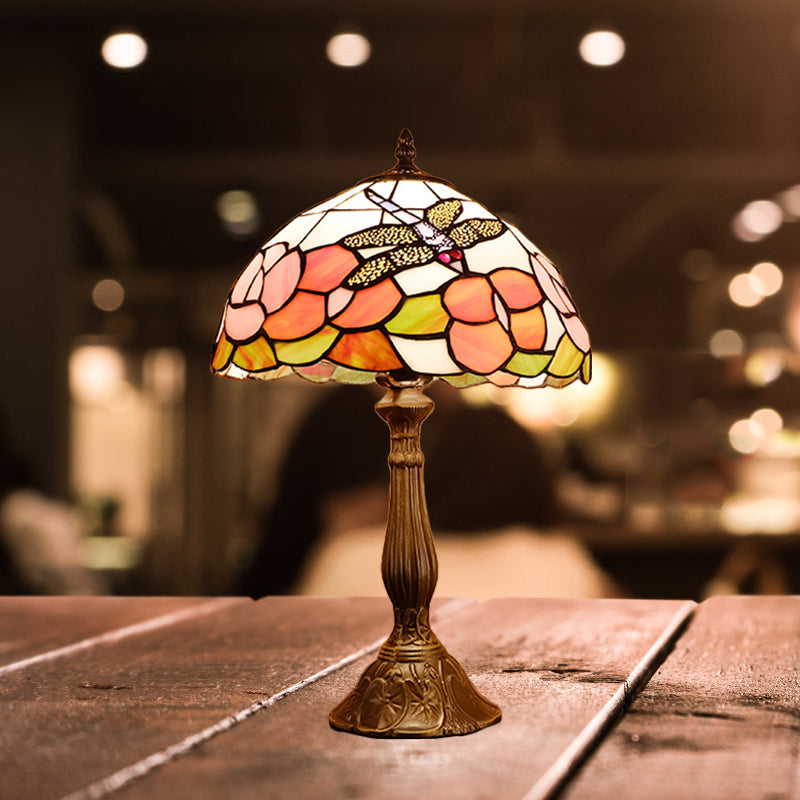 1-Light Nightstand Lamp Tiffany Dragonfly on Rose Orange/Pink/Beige Table Lighting with Bowl Shade Clearhalo 'Lamps' 'Table Lamps' Lighting' 889305