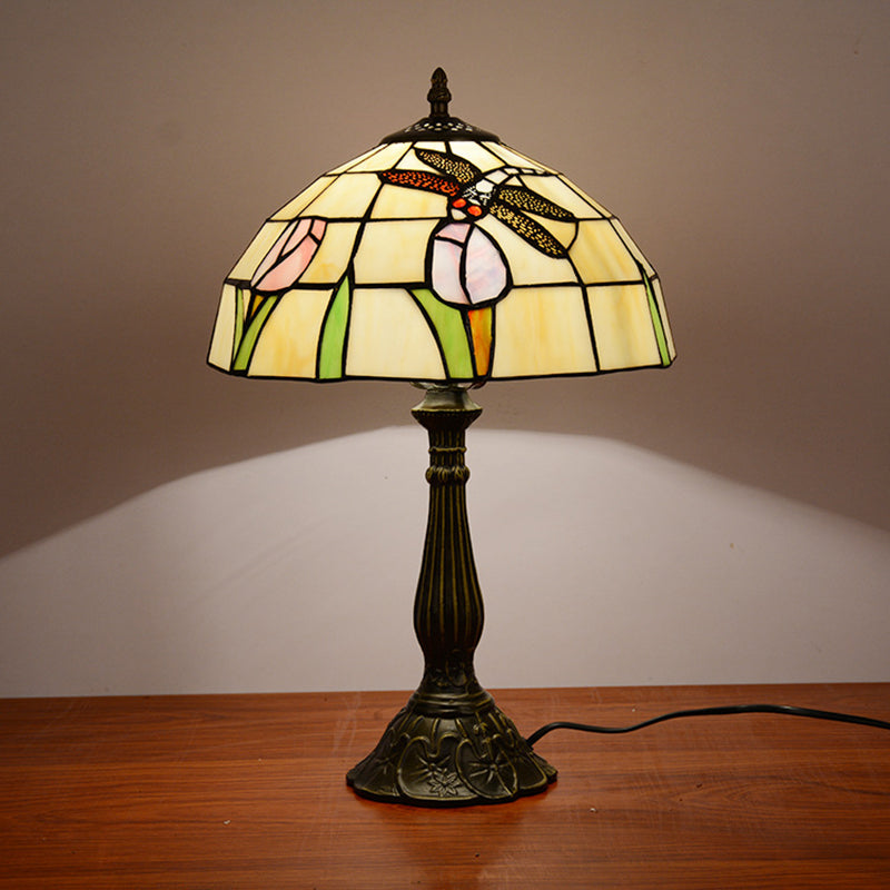 1-Light Nightstand Lamp Tiffany Dragonfly on Rose Orange/Pink/Beige Table Lighting with Bowl Shade Beige Clearhalo 'Lamps' 'Table Lamps' Lighting' 889307