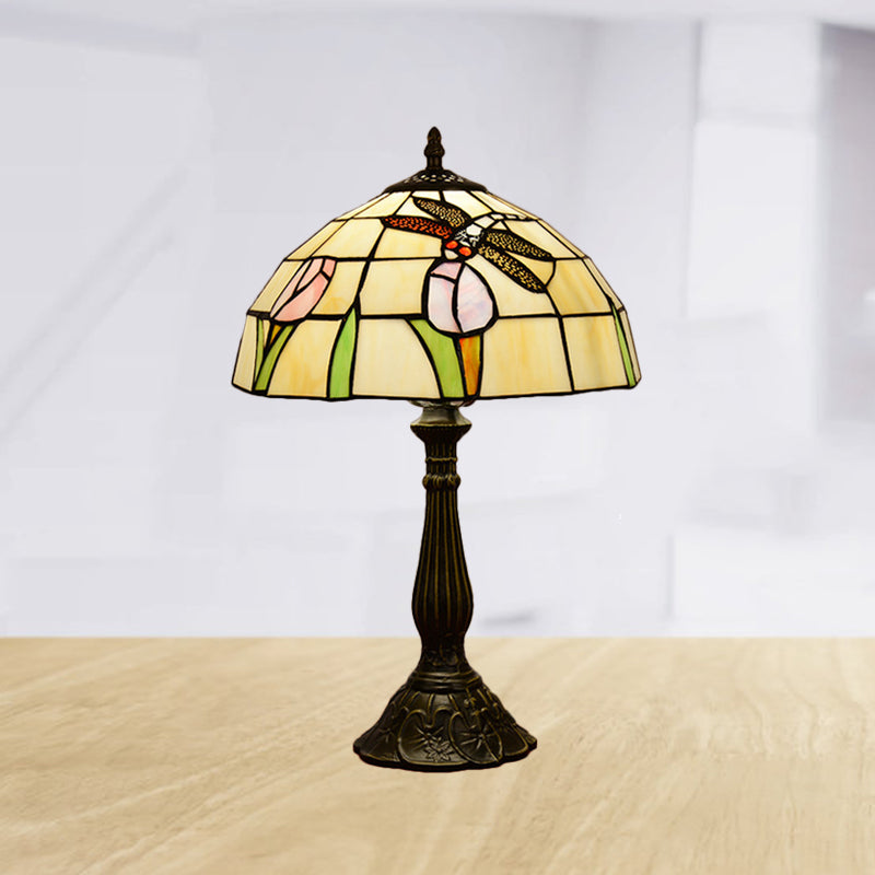 1-Light Nightstand Lamp Tiffany Dragonfly on Rose Orange/Pink/Beige Table Lighting with Bowl Shade Clearhalo 'Lamps' 'Table Lamps' Lighting' 889309