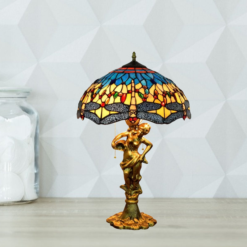Dragonfly Cabochons Embedded Table Light 3-Light Yellow/Orange/Blue Glass Tiffany Nightstand Lamp with Pull Chain Clearhalo 'Lamps' 'Table Lamps' Lighting' 889560