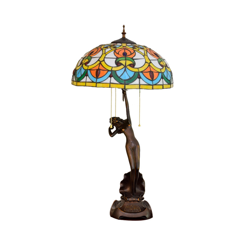 Orange/Yellow Glass Bowl Night Light Victorian Style 3 Bulbs Black Table Lighting with Pull Chain and Girl Base Clearhalo 'Lamps' 'Table Lamps' Lighting' 889585