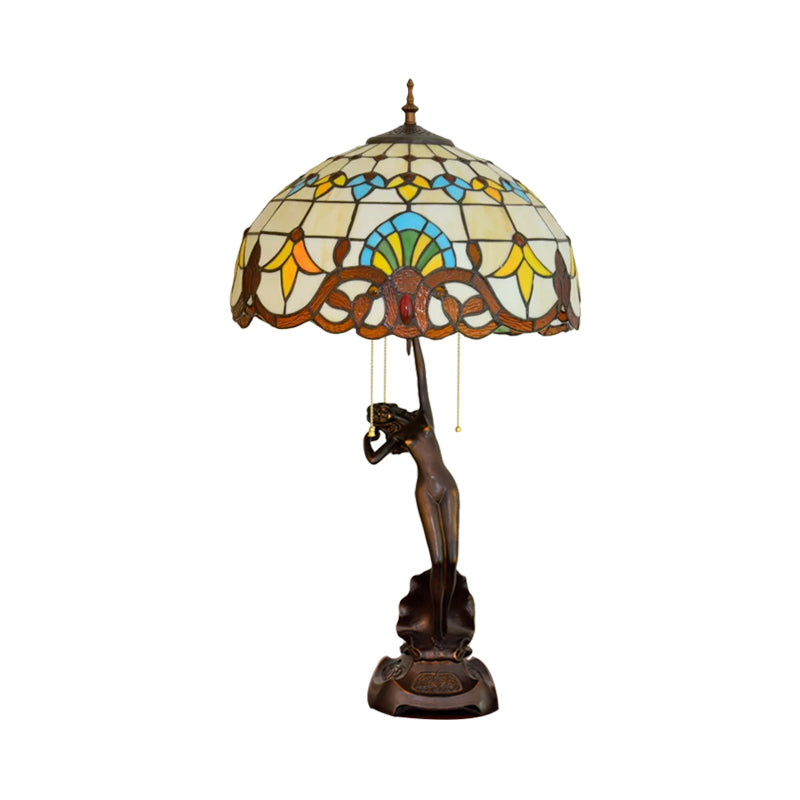 3-Head Nightstand Lamp Mediterranean Spikelet Beige/Teardrop-Edge Blue and White/Flower Blue and Brown Glass Table Light with Pulling Chain Clearhalo 'Lamps' 'Table Lamps' Lighting' 889593