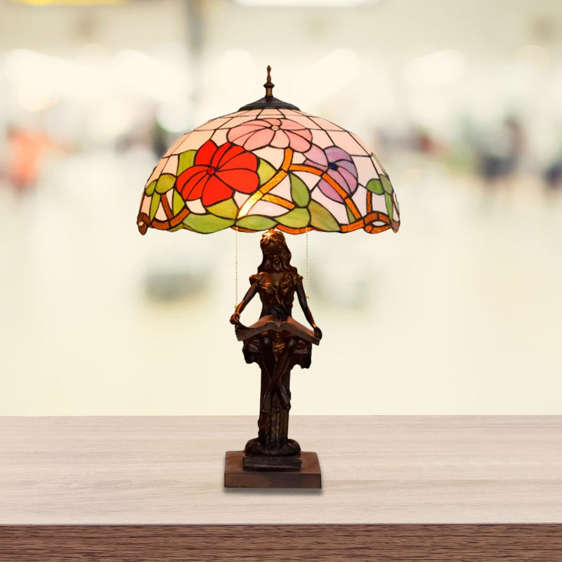 Little Girl Reading Book Table Lamp 2 Lights Resin Baroque Pull-Chain Nightstand Light with Sunflower Red/Orange Glass Shade Clearhalo 'Lamps' 'Table Lamps' Lighting' 889636