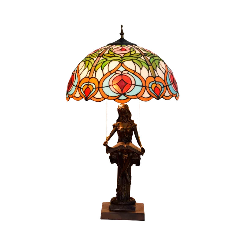 2 Bulbs Bedside Nightstand Lamp Tiffany Orange/Yellow Pull Chain Table Light with Peach/Geometric Pattern Stained Glass Shade Clearhalo 'Lamps' 'Table Lamps' Lighting' 889649