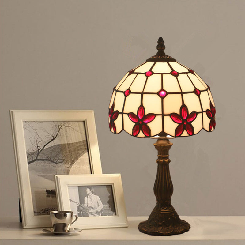 Lattice Bowl White Glass Table Lamp Victorian 1 Light Red/Yellow/Blue Flower Patterned Nightstand Light Clearhalo 'Lamps' 'Table Lamps' Lighting' 889824