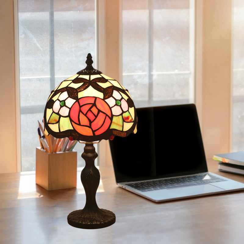 Victorian Rose Patterned Desk Lighting 1 Head Cut Glass Nightstand Lamp in Bronze with Dome Shade Clearhalo 'Lamps' 'Table Lamps' Lighting' 889951