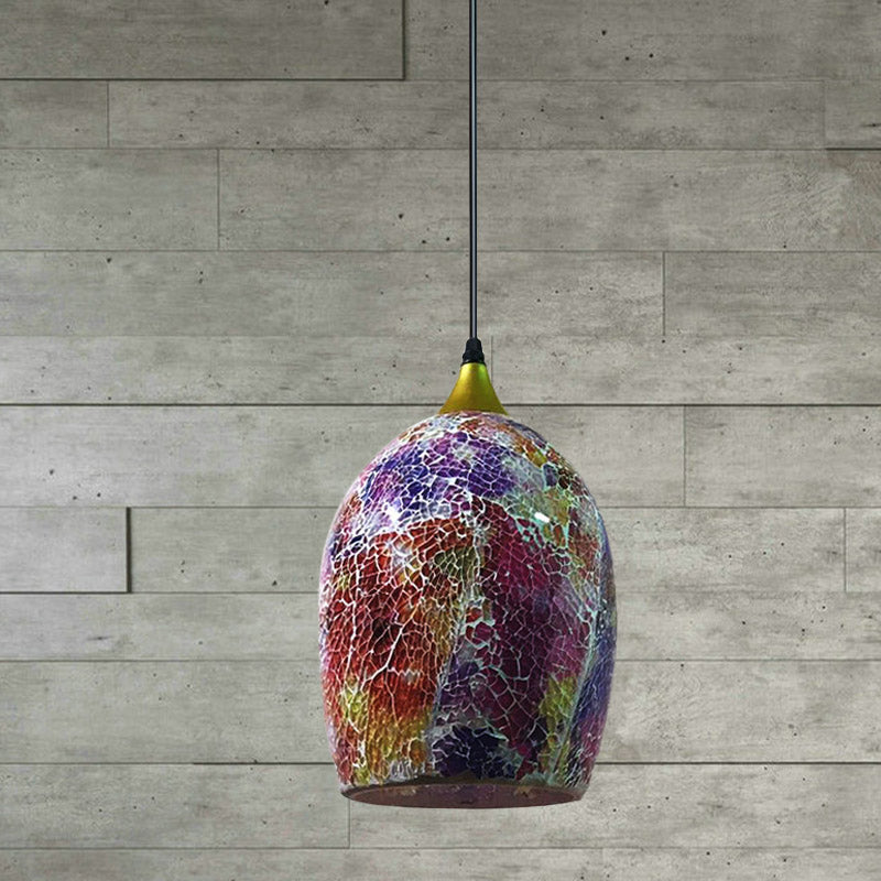 1 Bulb Dining Table Suspension Pendant Tiffany Black Hanging Light Kit with Ovoid Red/Pink/Black Crackle Glass Shade Clearhalo 'Ceiling Lights' 'Close To Ceiling Lights' 'Industrial' 'Middle Century Pendants' 'Pendant Lights' 'Pendants' 'Tiffany close to ceiling' 'Tiffany Pendants' 'Tiffany' Lighting' 890140