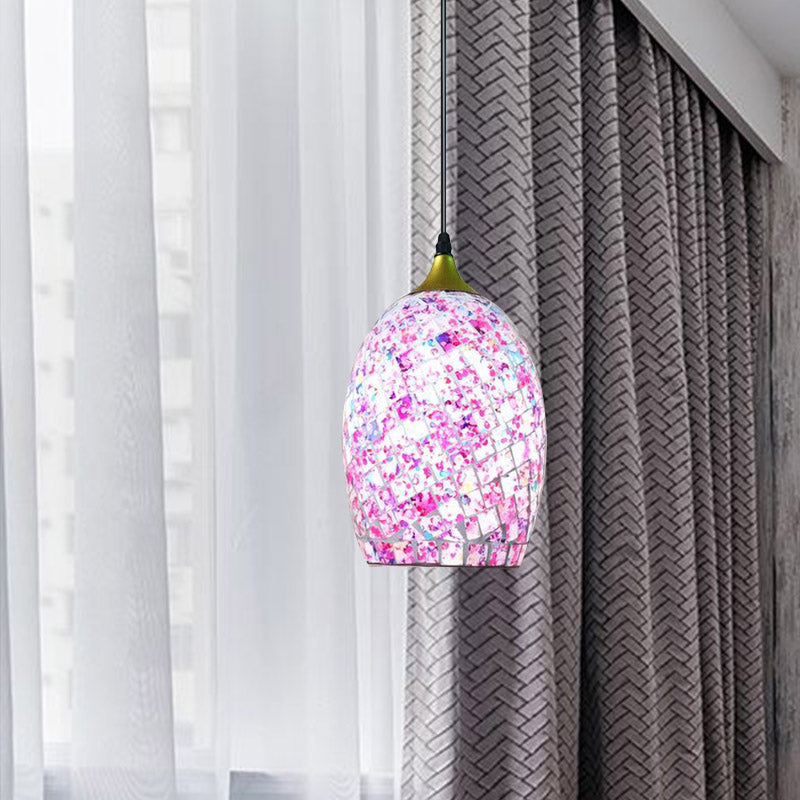 1 Bulb Dining Table Suspension Pendant Tiffany Black Hanging Light Kit with Ovoid Red/Pink/Black Crackle Glass Shade Clearhalo 'Ceiling Lights' 'Close To Ceiling Lights' 'Industrial' 'Middle Century Pendants' 'Pendant Lights' 'Pendants' 'Tiffany close to ceiling' 'Tiffany Pendants' 'Tiffany' Lighting' 890144