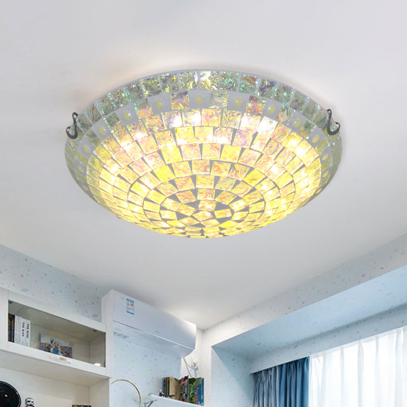 Bowl Square-Cut Glass Ceiling Lamp Baroque 12"/16" Wide 2/3 Lights Blue Flush Mount Light Fixture for Bedroom Clearhalo 'Ceiling Lights' 'Close To Ceiling Lights' 'Close to ceiling' 'Flush mount' Lighting' 890215