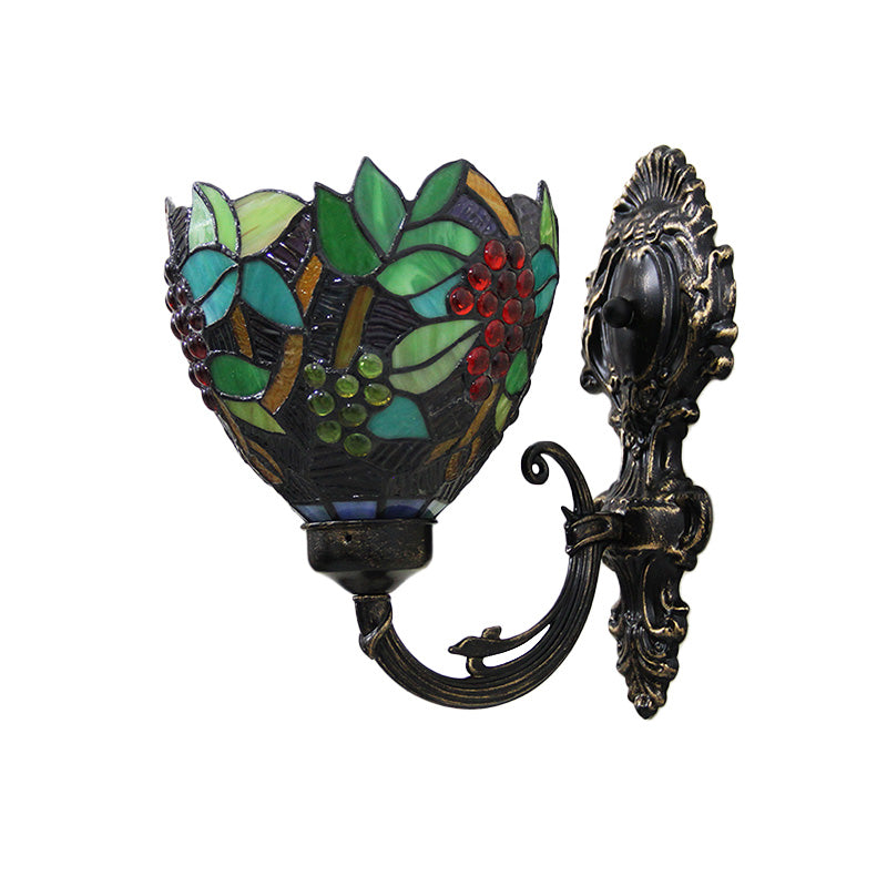 Tiffany Bowl Wall Sconce 1 Head Stained Glass Grape Patterned Wall Mount Lamp in Green and White/Black Clearhalo 'Art deco wall lights' 'Cast Iron' 'Glass' 'Industrial' 'Middle century wall lights' 'Modern' 'Tiffany wall lights' 'Tiffany' 'Traditional wall lights' 'Wall Lamps & Sconces' 'Wall Lights' Lighting' 890284