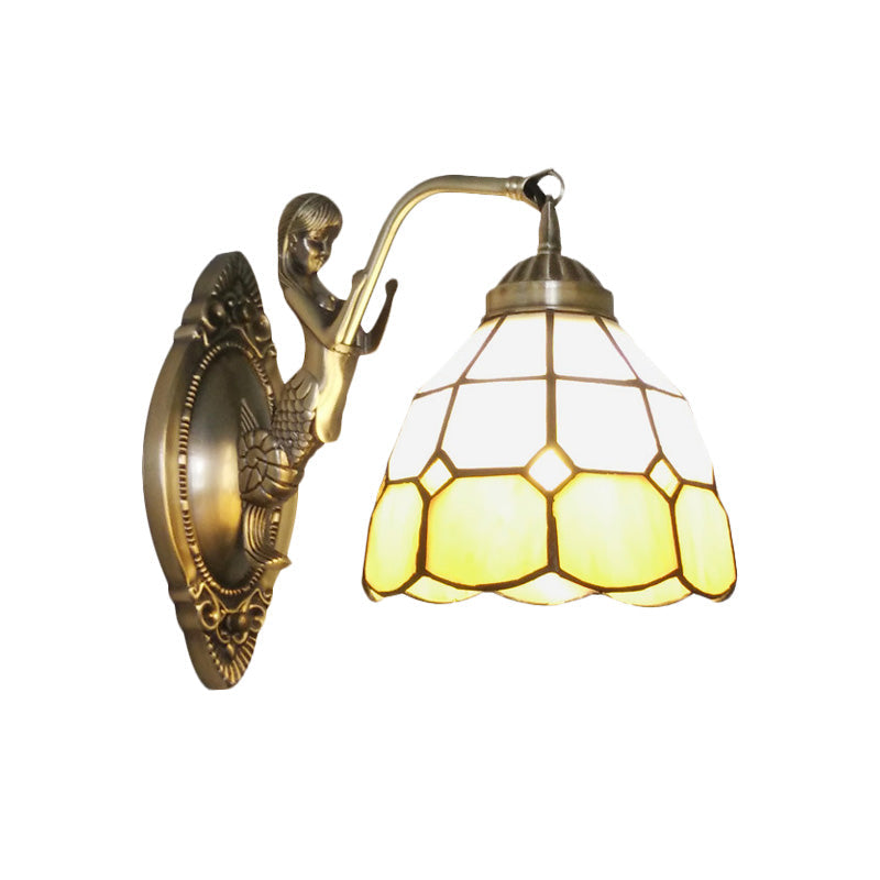 1 Bulb Living Room Wall Mounted Light Baroque Bronze Mermaid Wall Lamp with Grid Dome Dark/Sky Blue and White Glass Shade Clearhalo 'Art deco wall lights' 'Cast Iron' 'Glass' 'Industrial' 'Middle century wall lights' 'Modern' 'Tiffany wall lights' 'Tiffany' 'Traditional wall lights' 'Wall Lamps & Sconces' 'Wall Lights' Lighting' 890306