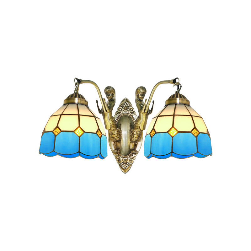 2-Head Domed Wall Mount Lighting Tiffany Dark Blue and White/Orange and White Stained Glass Mermaid Wall Sconce with Grid Pattern Clearhalo 'Art deco wall lights' 'Cast Iron' 'Glass' 'Industrial' 'Middle century wall lights' 'Modern' 'Tiffany wall lights' 'Tiffany' 'Traditional wall lights' 'Wall Lamps & Sconces' 'Wall Lights' Lighting' 890353