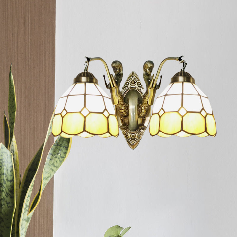 2-Head Domed Wall Mount Lighting Tiffany Dark Blue and White/Orange and White Stained Glass Mermaid Wall Sconce with Grid Pattern Clearhalo 'Art deco wall lights' 'Cast Iron' 'Glass' 'Industrial' 'Middle century wall lights' 'Modern' 'Tiffany wall lights' 'Tiffany' 'Traditional wall lights' 'Wall Lamps & Sconces' 'Wall Lights' Lighting' 890361