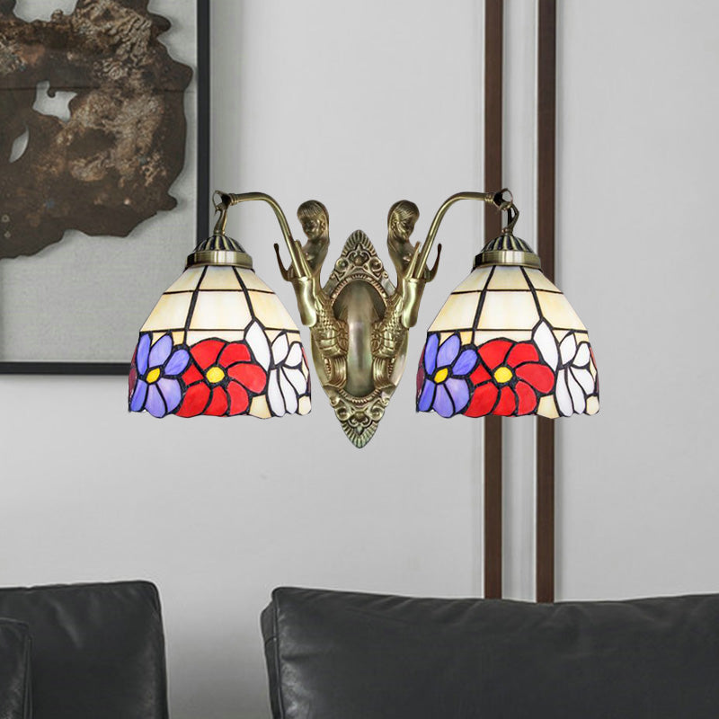 Stained Glass Domed Wall Lighting Tiffany 2-Bulb Beige/Orange Floral Patterned Sconce Light with Mermaid Arm for Bedroom Clearhalo 'Art deco wall lights' 'Cast Iron' 'Glass' 'Industrial' 'Middle century wall lights' 'Modern' 'Tiffany wall lights' 'Tiffany' 'Traditional wall lights' 'Wall Lamps & Sconces' 'Wall Lights' Lighting' 890378
