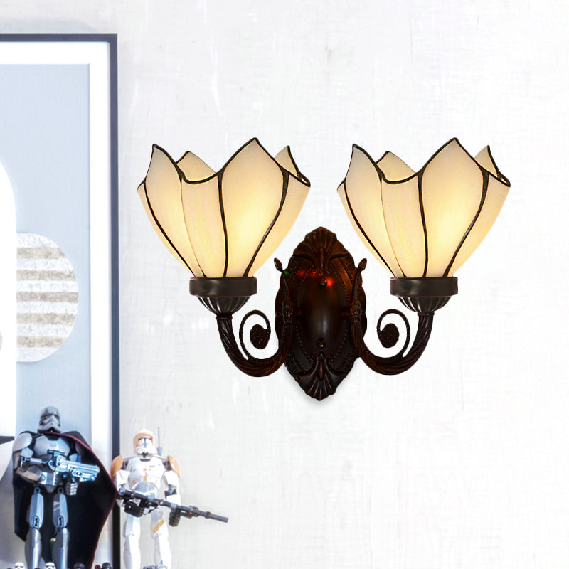 Petal Wall Sconce 2 Lights White/Pink Glass Mediterranean Wall Lighting Fixture with Swirl Arm for Living Room Clearhalo 'Art deco wall lights' 'Cast Iron' 'Glass' 'Industrial' 'Middle century wall lights' 'Modern' 'Tiffany wall lights' 'Tiffany' 'Traditional wall lights' 'Wall Lamps & Sconces' 'Wall Lights' Lighting' 890403
