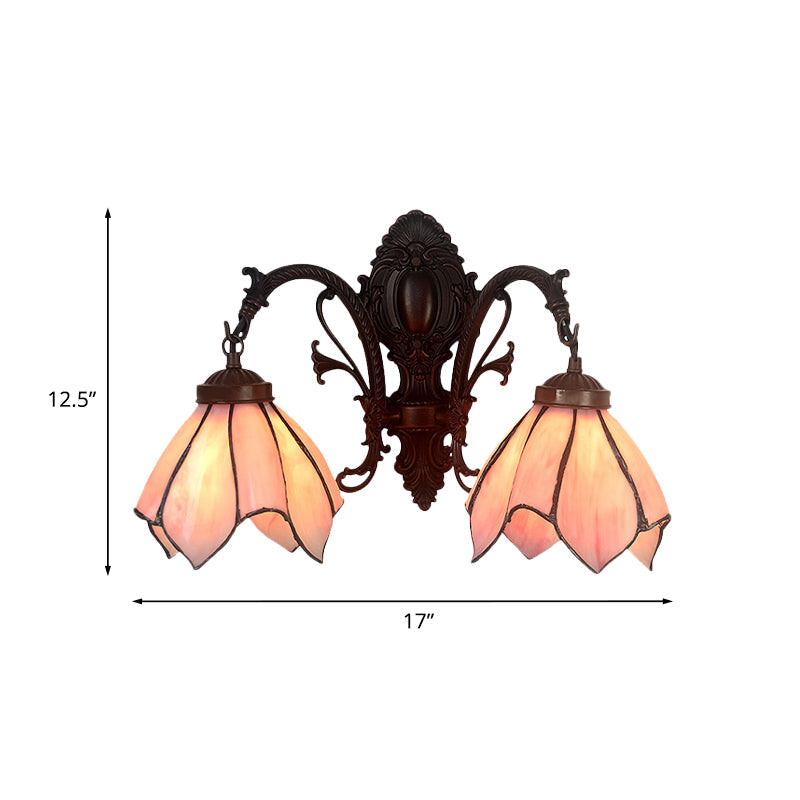 White/Pink Glass Copper Wall Light Sconce Lotus 2 Bulbs Victorian Wall Mount Lamp with Curved Arm Clearhalo 'Art deco wall lights' 'Cast Iron' 'Glass' 'Industrial' 'Middle century wall lights' 'Modern' 'Tiffany wall lights' 'Tiffany' 'Traditional wall lights' 'Wall Lamps & Sconces' 'Wall Lights' Lighting' 890409