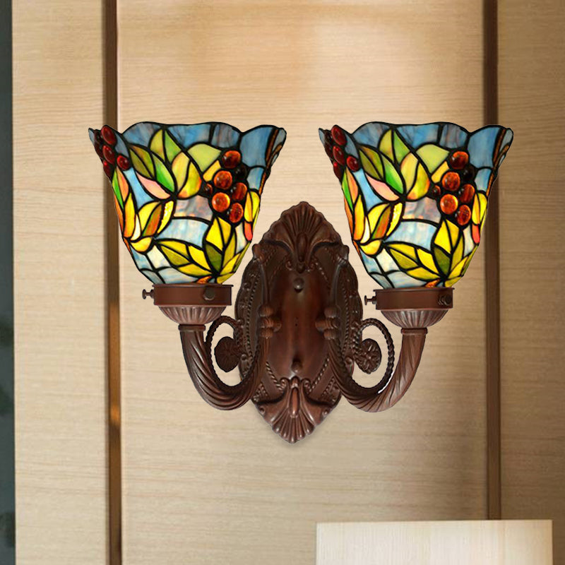 Pink/Blue Flared Wall Sconce Lighting Mediterranean 2 Heads Hand Cut Glass Wall Light Fixture with Fruit Pattern Clearhalo 'Art deco wall lights' 'Cast Iron' 'Glass' 'Industrial' 'Middle century wall lights' 'Modern' 'Tiffany wall lights' 'Tiffany' 'Traditional wall lights' 'Wall Lamps & Sconces' 'Wall Lights' Lighting' 890427
