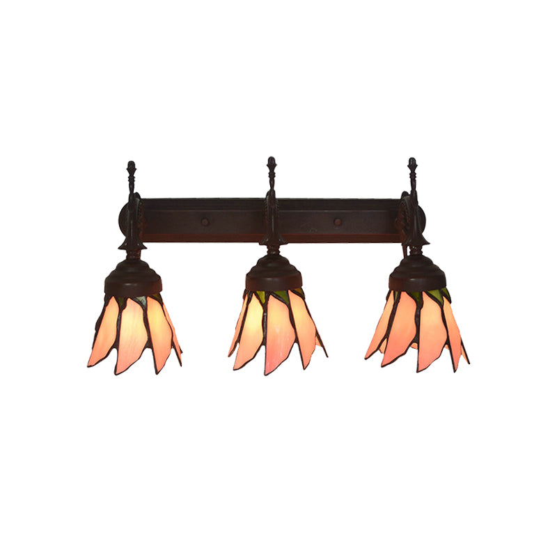 Mission Flower/Morning Glory Sconce 3 Lights Pink Glass Wall Mount Light Fixture with Curved Arm for Dining Room Clearhalo 'Art deco wall lights' 'Cast Iron' 'Glass' 'Industrial' 'Middle century wall lights' 'Modern' 'Tiffany wall lights' 'Tiffany' 'Traditional wall lights' 'Wall Lamps & Sconces' 'Wall Lights' Lighting' 890437