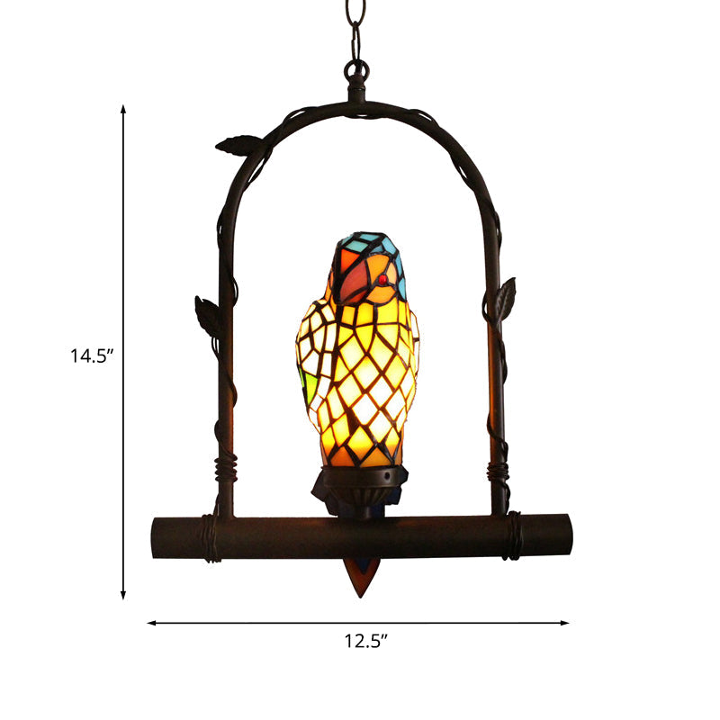 Victorian Parrot Wall Mounted Light Mediterranean 1 Light Stained Art Glass Sconce in Yellow with Perch Swing Clearhalo 'Ceiling Lights' 'Glass shade' 'Glass' 'Industrial' 'Middle Century Pendants' 'Pendant Lights' 'Pendants' 'Tiffany close to ceiling' 'Tiffany Pendants' 'Tiffany' Lighting' 890447