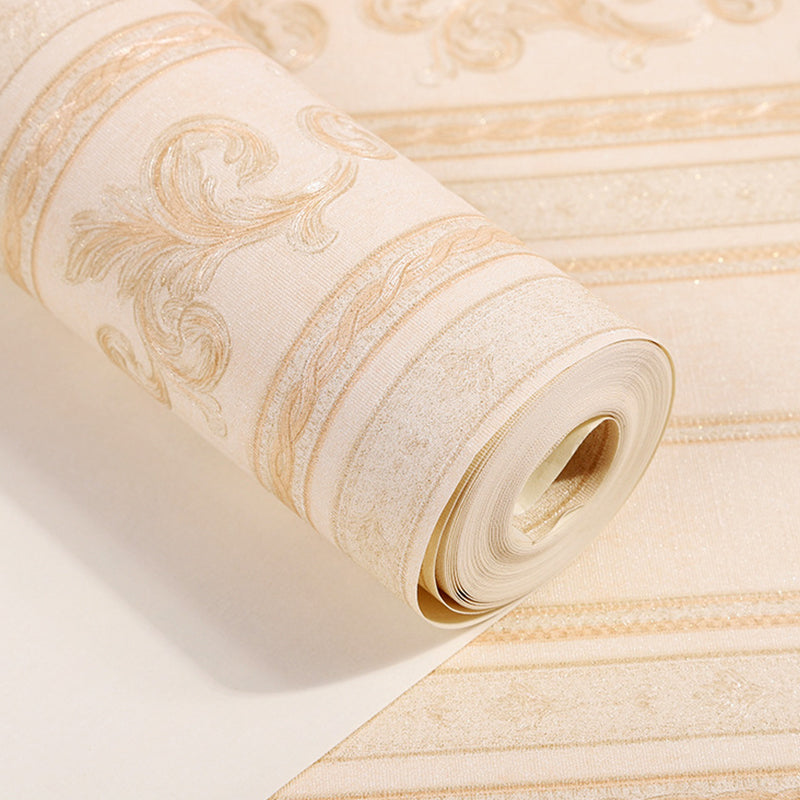 Vinyl Water-Resistant Wallpaper with Natural Color Stripe and Floral Design, 54.2 sq ft. Clearhalo 'Vintage wall decor' 'Vintage' 'Wallpaper' Wall Decor' 892943