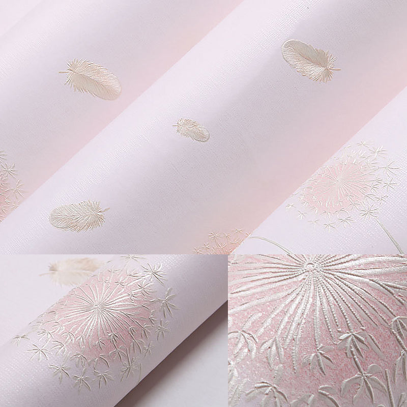Pink Dandelion and Feather Wallpaper for Girl, 33-foot x 20.5-inch Moisture-Resistant Non-Pasted Clearhalo 'Wall Decor' 'Wallpaper' 893097