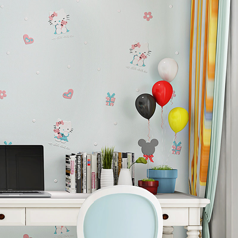 3D Cute Kitty Wallpaper for Girls Moisture-Resistant Non-Pasted 20.5-inch x 33-foot Blue Clearhalo 'Wall Decor' 'Wallpaper' 893206